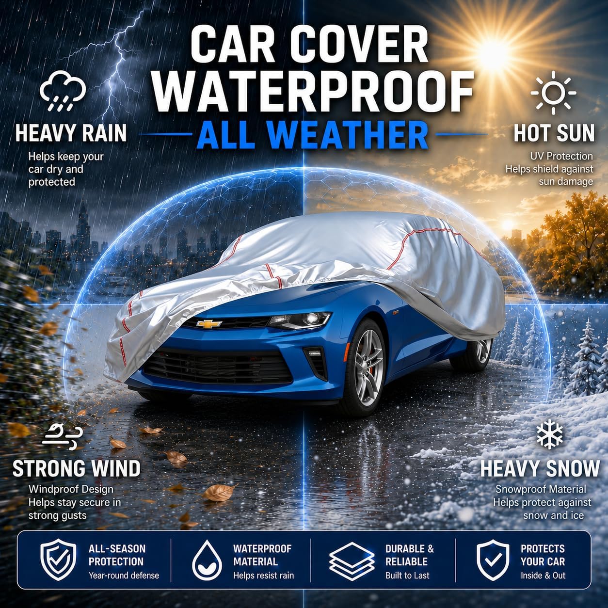 Car Cover for Sedan, Waterproof All Weather Heavy Duty, 360° Underbody Wrap Windproof Design, Quick Install Outdoor Vehicle Cover, Fits 186-193 in