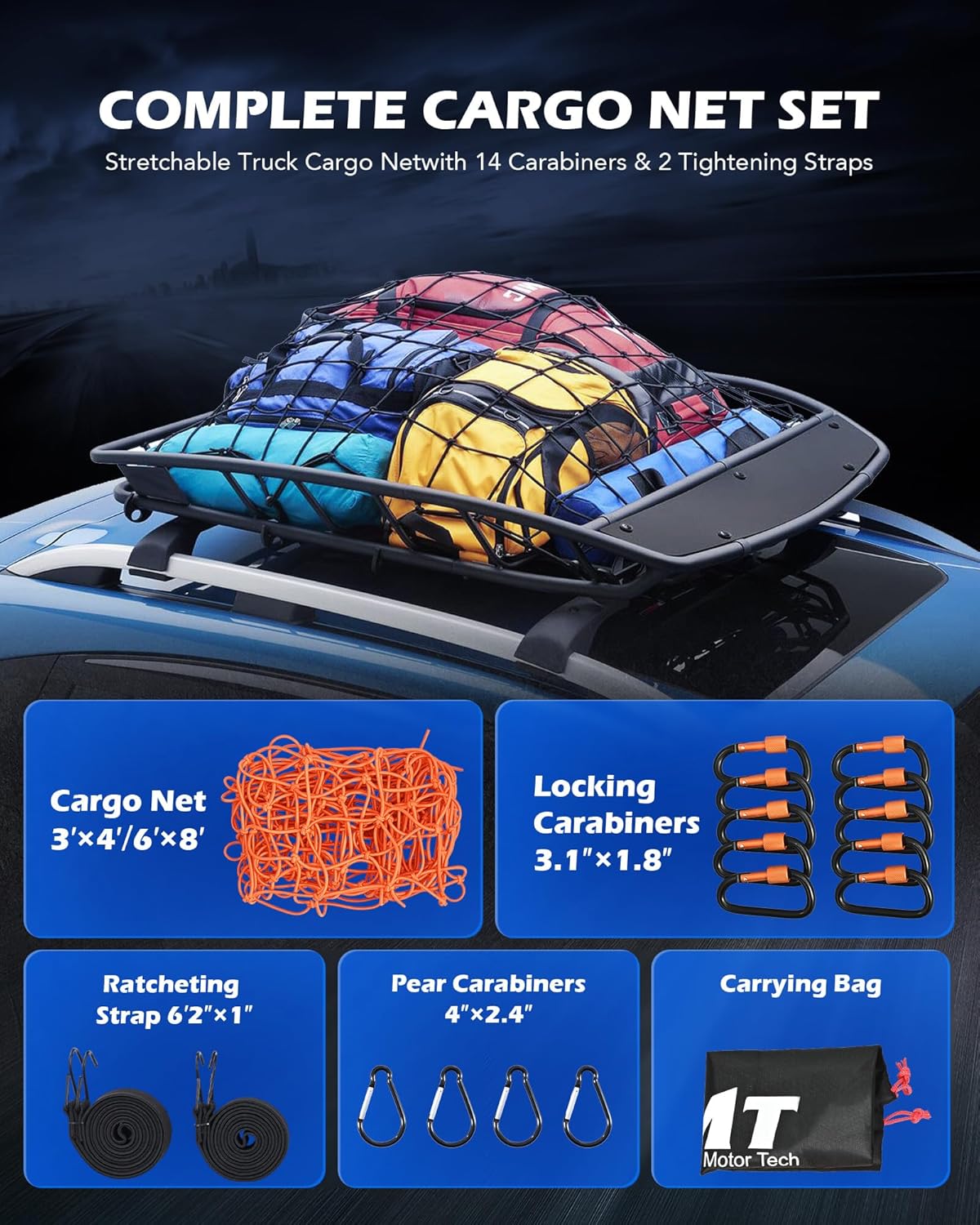 Orion Motor Tech 2'x3' Small Cargo Net with 2"x2" Small Mesh, 4x6 Foot Max Size Cargo Net for SUV Roof Rack Cargo Basket Net with Locking Carabiners, Ratchet Strap, Roof Rack Net