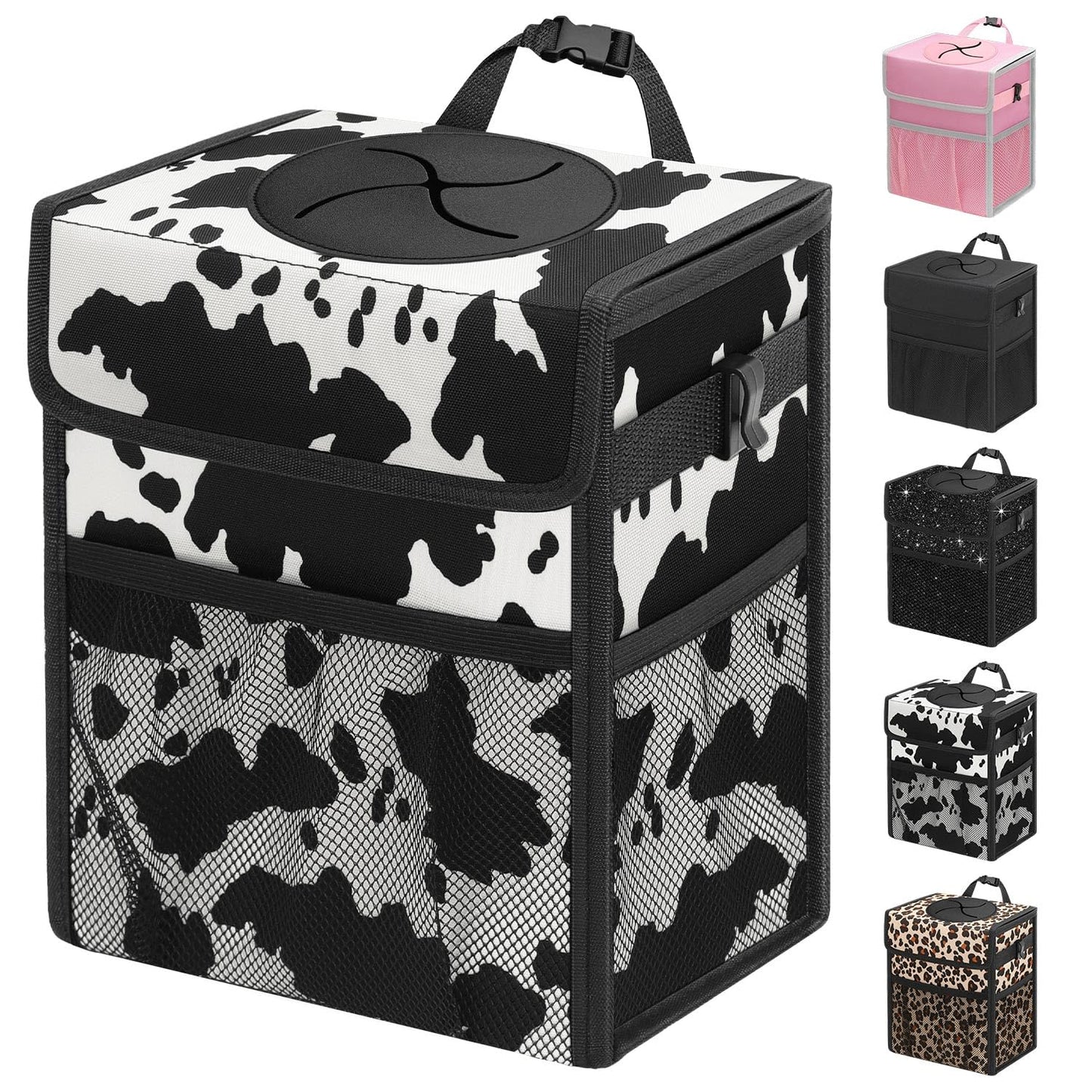 Capolo Car Trash Can with Lid, Leakproof Car Trash Bag Hanging Waterproof Automotive Garbage Can with Storage Pockets Mini Vehicle Trash Bin for Back/Front Seat(Black,2.5 Gallon)