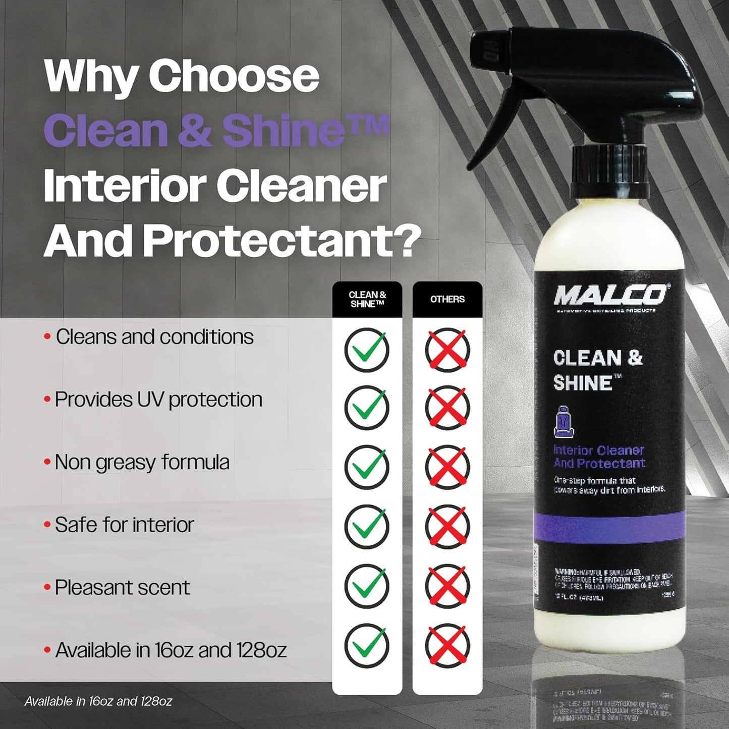 Malco Clean and Shine Interior Car Cleaner and Dressing - Best Interior Car Care to Restore Leather Plastic and Vinyl / 1 Simple Step To Clean, Condition, and Protect/Non-Glare Satin Finish (125901)