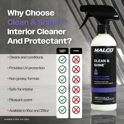 Malco Clean and Shine Interior Car Cleaner and Dressing - Best Interior Car Care to Restore Leather Plastic and Vinyl / 1 Simple Step To Clean, Condition, and Protect/Non-Glare Satin Finish (125901)