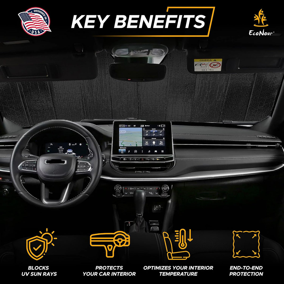 EcoNour Accordion Car Windshield Sun Shade | Car Sun Visor to Protect Harmful UV Rays | Foldable Automotive Windshield Sunshades | Window Sun Blocker to Keep Your Vehicle Cool & Comfort - 58" x 28"