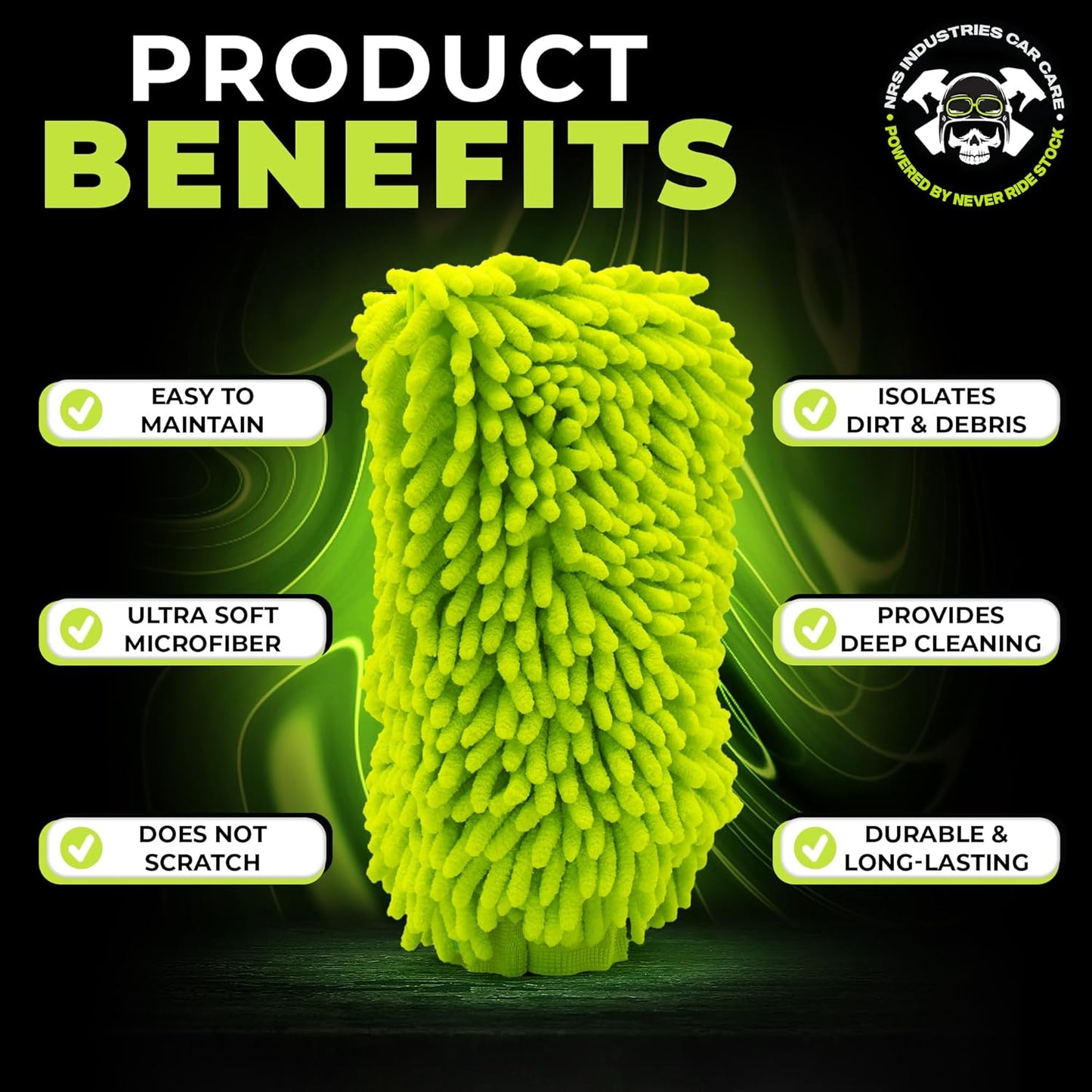 Never Ride Stock Microfiber Car Wash Mitt – Scratch-Free Chenille, Extra Thick & Ultra Absorbent – Safe for Black & Dark Paint – Lint-Free, Reusable Auto Cleaning Glove