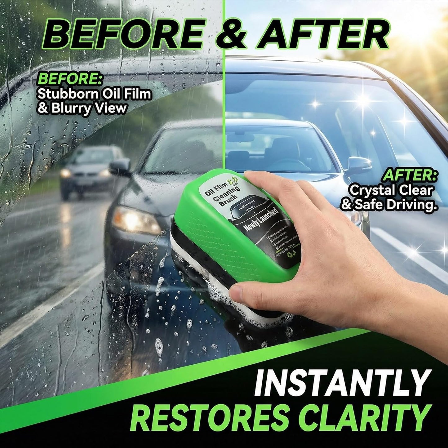 Automotive Oil Film Cleaning Brush for Car Windows, Car Windshield Cleaner Brush for Cleaning Car Windshield, Clear Vision Glass Cleaner with Anti-Rain & Anti-Fog Coating, Green