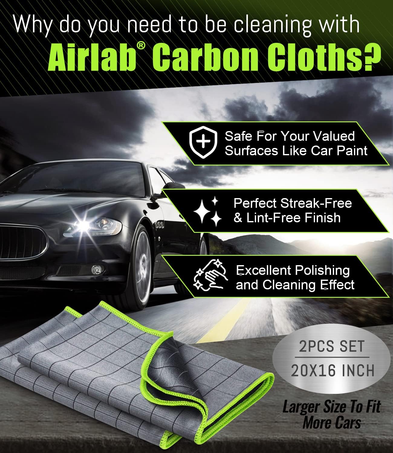 Airlab Microfiber Towels for Cars Wash Drying Thick Plush Cleaning Cloth Auto Detailing Super Absorbent for Interior & Exterior Lint Free, Streak Free, 16" X 16", 800 GSM, Pack of 4
