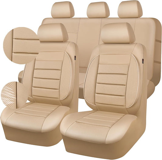 CAR PASS Leather Seat Covers Full Set Universal Water Resistant 3D Foam Back Support, Luxury Comfort Automotive 5 Seat Covers All Season Fit for SUV,Sedan,Van, Airbag Compatible Elegance(Pure Black)