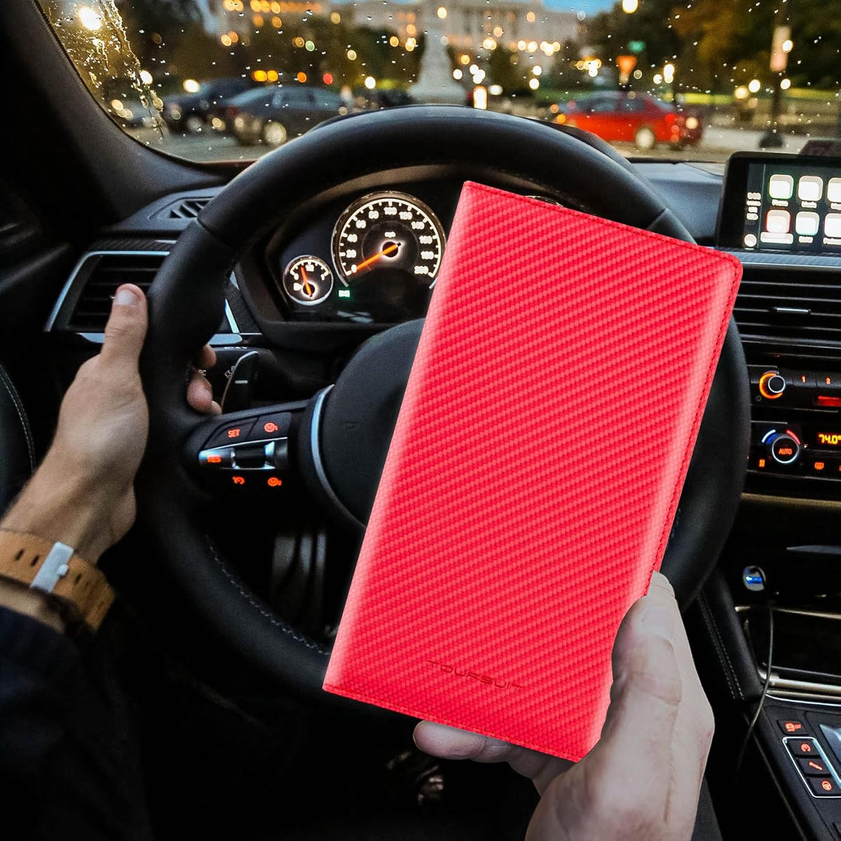 TOURSUIT Car Registration and Insurance Card Holder, Vehicle License Document Glove Box Compartment Organizer, Essential Car Wallet Case for Driver Auto Owners (Carbon Blue)