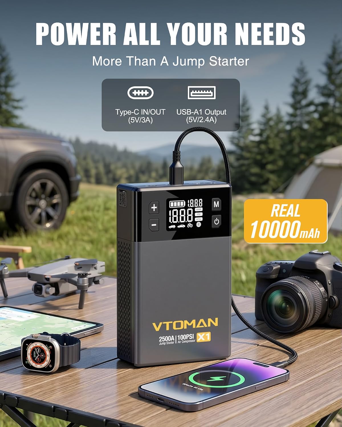 VTOMAN X1 Jump Starter with Air Compressor, Car Battery Jumper Starter (Up to 8.5L Gas/6L Diesel Engine) with 150PSI Auto Tire Inflator, 12V Portable Booster Pack, Lithium Jump Box Charger-Black
