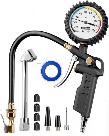 Tire Inflator with Pressure Gauge and Longer Hose - Most Accurate, Heavy Duty Air Chuck with Gauge for Air Compressor Tire Inflator Attachment - 100PSI