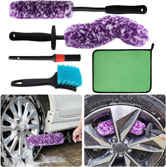 5 Pack Car Wheel and Tire Cleaner Brushes Kit Auto Motorcycle Rim Ultra Soft Microfiber No Spatter Bendable Woolies Bristle Cleaning Set (Red & Black)