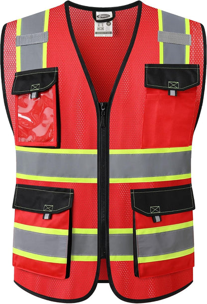 JKSafety Hi Vis Reflective Safety Vests for Men Women High Visibility Vest with Pockets Mesh Fabric Construction Safety Apparel Neon Vest for Work (220-Black L)
