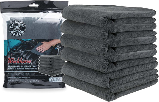 Chemical Guys MIC35306 Workhorse Professional Grade Microfiber Towel, Black (16 in. x 16 in.) (Pack of 6)