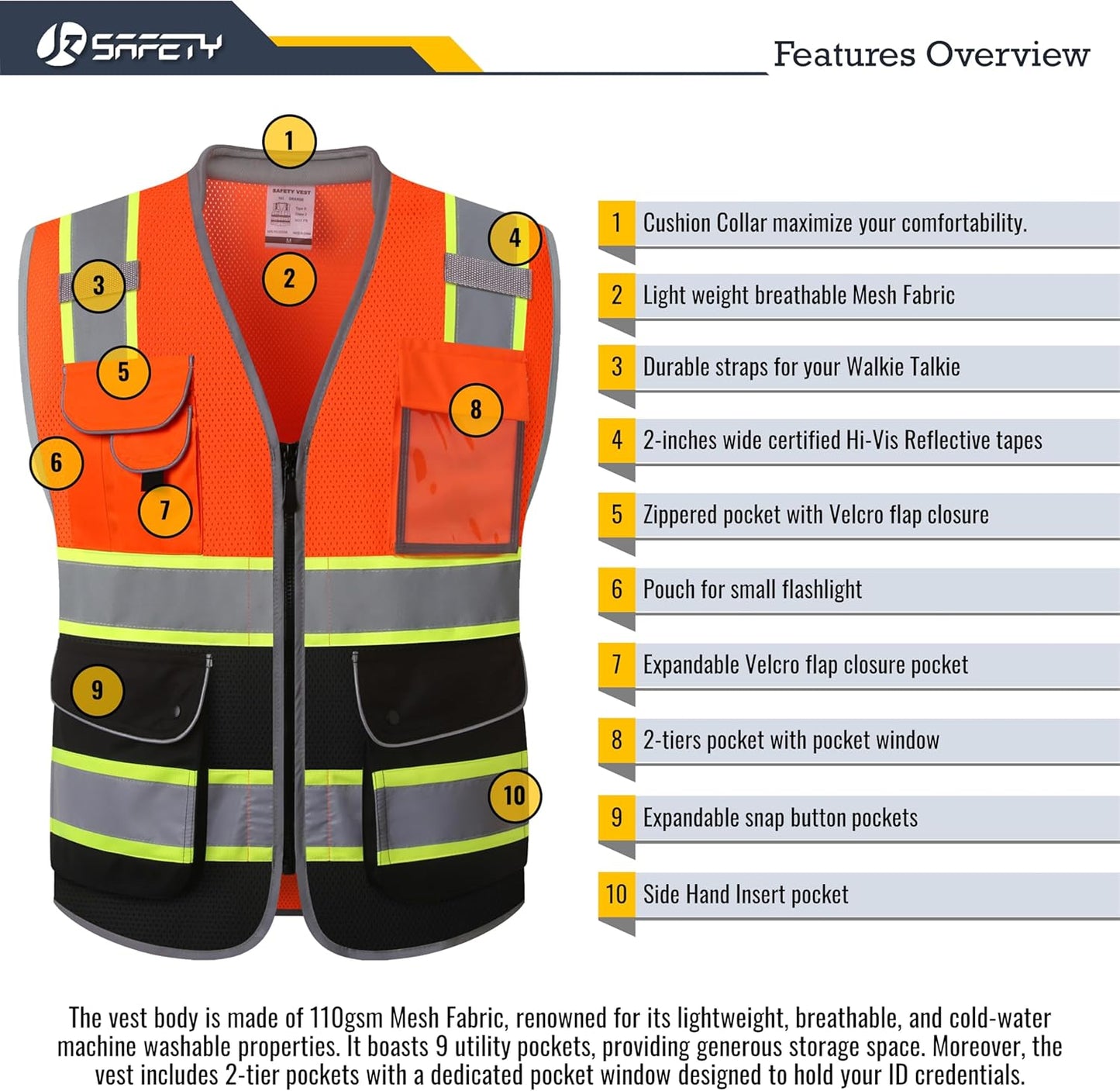 JKSafety 9 Pockets Class 2 High Visibility Zipper Front Safety Vest With Reflective Strips,Meets ANSI/ISEA Standard (Large, 150-Yellow) - Colors B