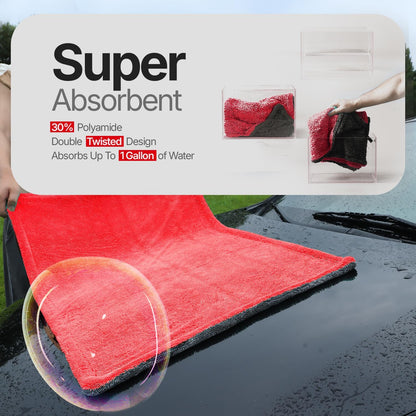 Crystal Clean 1300GSM Car Drying Towel - XL (24x36) Microfiber Towels for Cars with Double Twisted Loop, Professional Detailing Towel for Car Detailers - Quick Dry, Paint Safe & Swirl-Free
