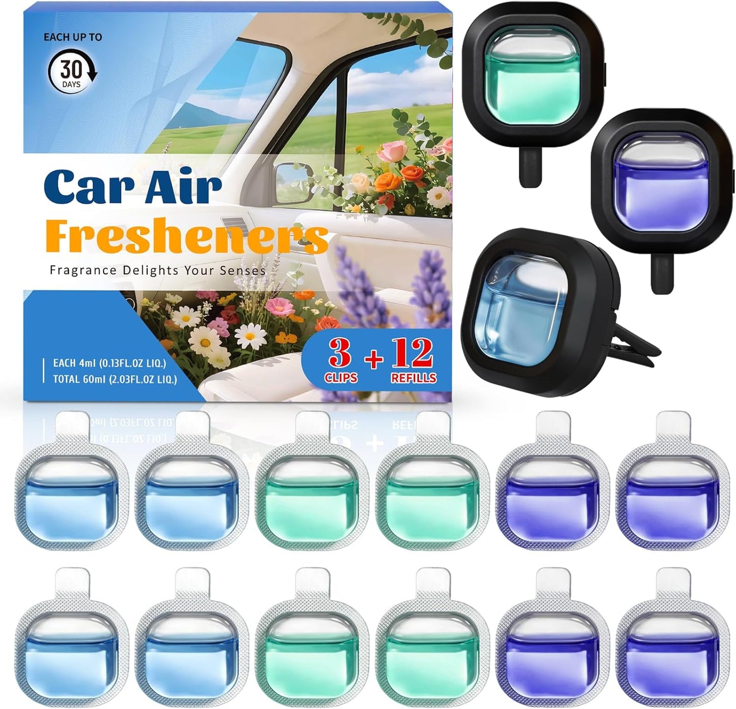 SCENTORINI Car Air Freshener Vent Clips, 3 Vent Clips &12 Refills, New Car, Lavender, Sea Breeze Scent, Auto Fresheners for Men Women, Long Lasting Automotive Air Fresheners for Car Odor Eliminator