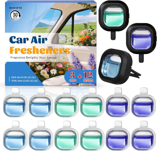 SCENTORINI Car Air Freshener Vent Clips, 3 Vent Clips &12 Refills, New Car, Lavender, Sea Breeze Scent, Auto Fresheners for Men Women, Long Lasting Automotive Air Fresheners for Car Odor Eliminator