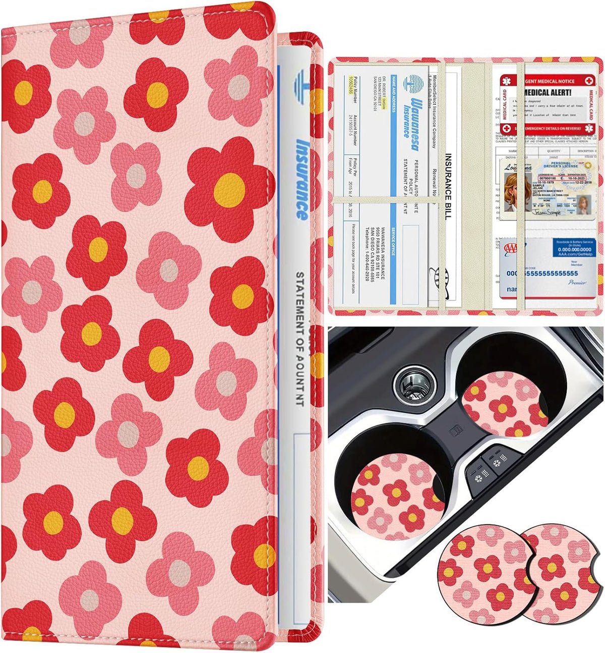 Slohif Car Registration and Insurance Card Holder with Magnetic Shut - Vehicle Glove Box Organizer Women Leather Automobile License Holders Coasters Auto Accessories Case for Document,Strawberry