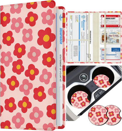 Slohif Car Registration and Insurance Card Holder with Magnetic Shut - Vehicle Glove Box Organizer Women Leather Automobile License Holders Coasters Auto Accessories Case for Document,Strawberry
