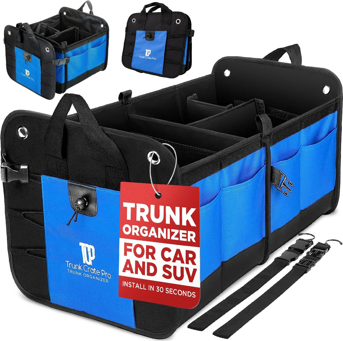 TRUNKCRATEPRO Trunk Organizer For Car, Suv, Truck | Premium Adjustable Multi Compartments Collapsible Car Trunk Organizer With Securing Straps & Non-Slip Bottom (Large Size, Black)