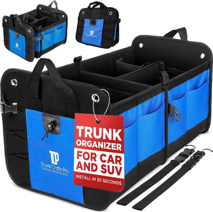 TRUNKCRATEPRO Trunk Organizer For Car, Suv, Truck | Premium Adjustable Multi Compartments Collapsible Car Trunk Organizer With Securing Straps & Non-Slip Bottom (Large Size, Black)