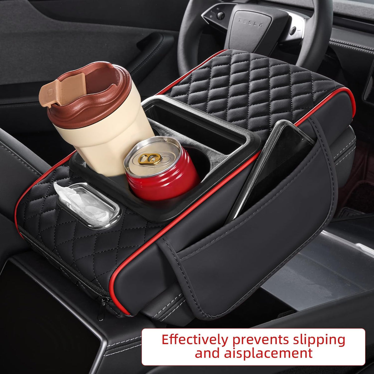 5 in 1 Car Center Console Cover, Armrest Pad with 2 Storage Pockets, Cup Holder, Tissue Slot, Phone Holder, Nappa Leather Memory Foam Car Accessories for SUV Sedan Truck (Black)