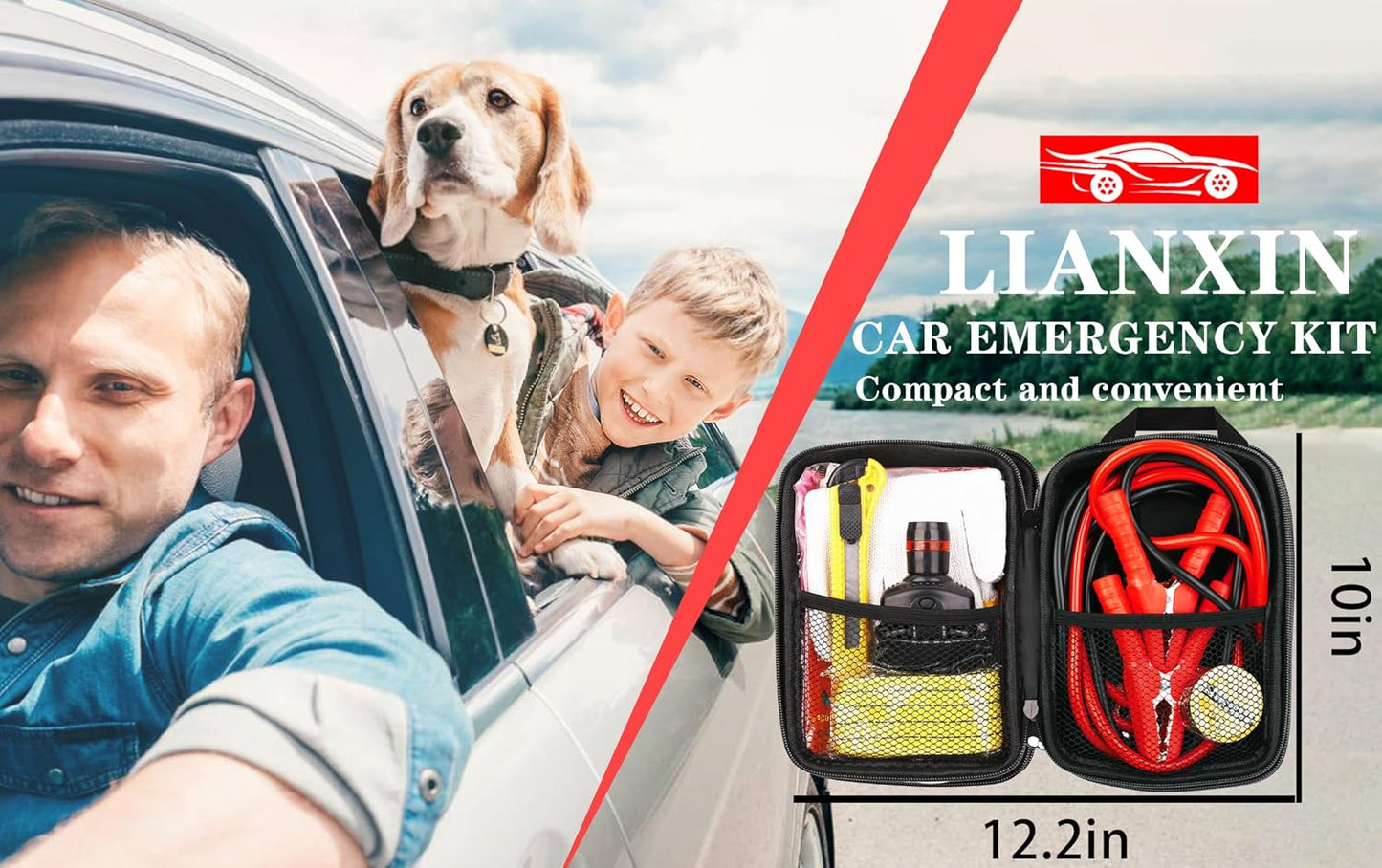 LIANXIN Car Roadside Emergency Kit, with Jumper Cables Automotive Kit,Car Safety Roadside Assistance Kit Headlamp,Tow Straps, Safety Hammers, Rainwear, Gloves.Black