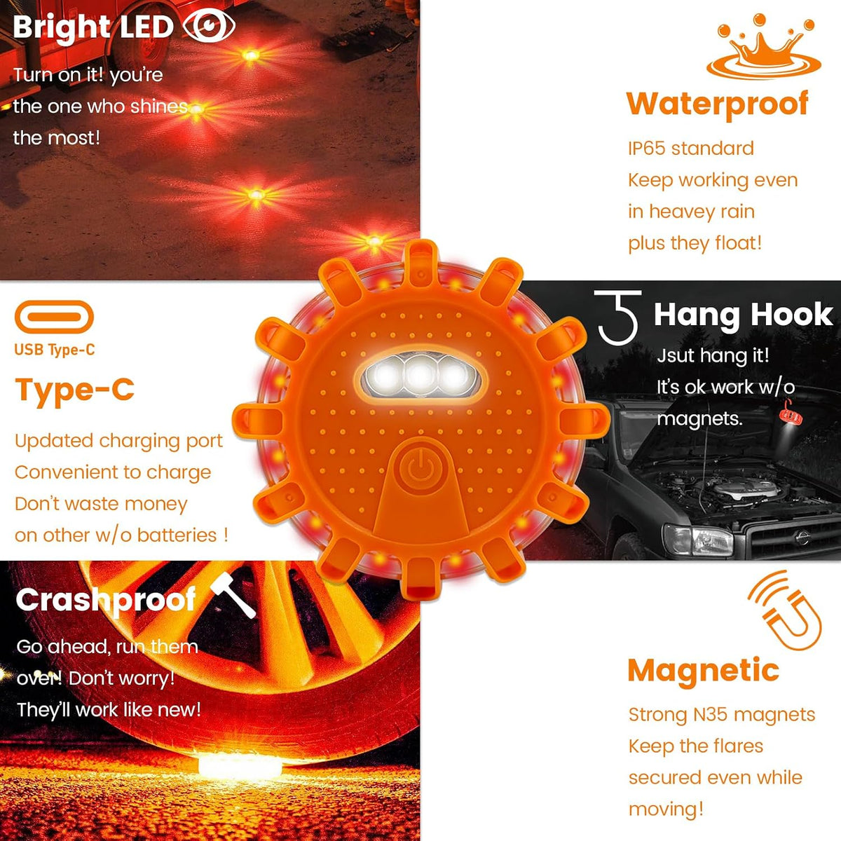 Ecoangel USB Rechargeable LED Road Flares Emergency Lights-Roadside Warning Car Safety Beacon Flashing Disc Flare Kit with Magnetic Base for Vehicles & Boat | 3 Beacon Disc Pack