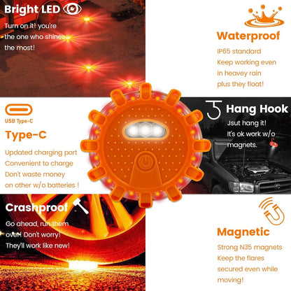 Ecoangel USB Rechargeable LED Road Flares Emergency Lights-Roadside Warning Car Safety Beacon Flashing Disc Flare Kit with Magnetic Base for Vehicles & Boat | 3 Beacon Disc Pack