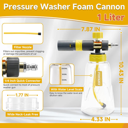 FIXFANS Foam Cannon Gun Dual Connector Accessory for Pressure Washer, Double Tip Attachment Soap Cannon with Power Washer Short Gun, Car Wash Foam Gun Kit, 1/4" Quick Connect, 5 Nozzle Tips