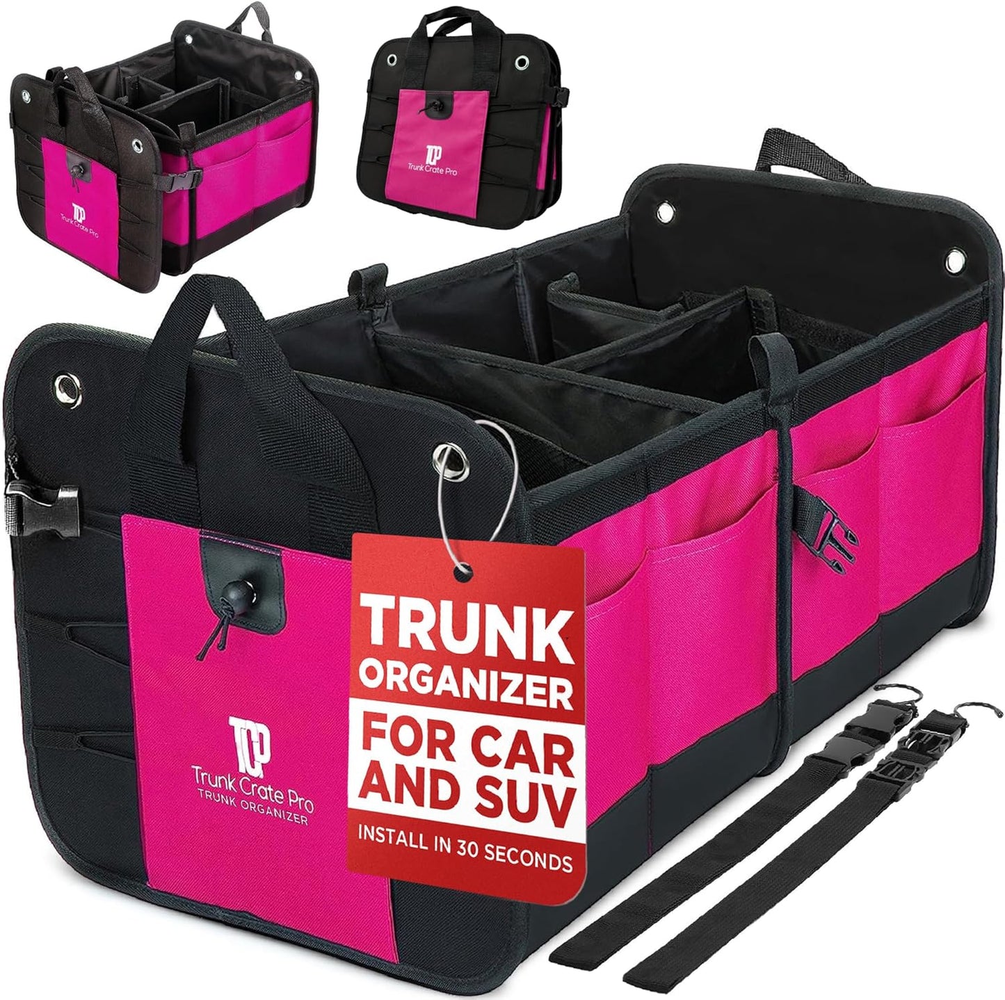 TRUNKCRATEPRO Trunk Organizer For Car, Suv, Truck | Premium Adjustable Multi Compartments Collapsible Car Trunk Organizer With Securing Straps & Non-Slip Bottom (Large Size, Black)