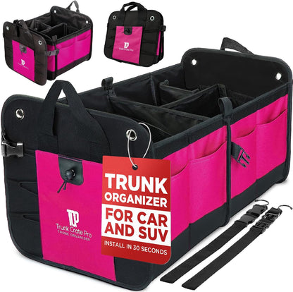 TRUNKCRATEPRO Trunk Organizer For Car, Suv, Truck | Premium Adjustable Multi Compartments Collapsible Car Trunk Organizer With Securing Straps & Non-Slip Bottom (Large Size, Black)