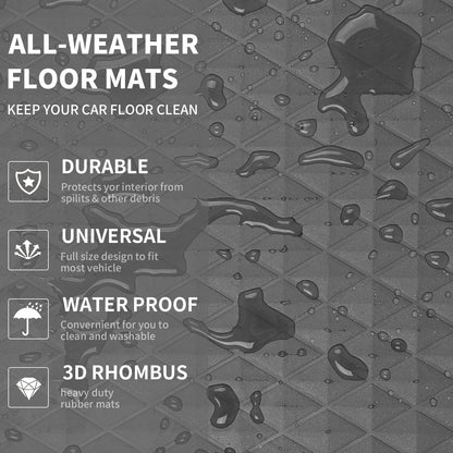 CAR PASS Black Rubber Car Mats, All-Weather Floor Mats Full Set Durable Anti-Slip 3D Rhombus Waterproof Automotive Pad Trim to Fit Liner Universal Fit for Sedan SUV Truck Van, 4 Pcs All Black Rubber