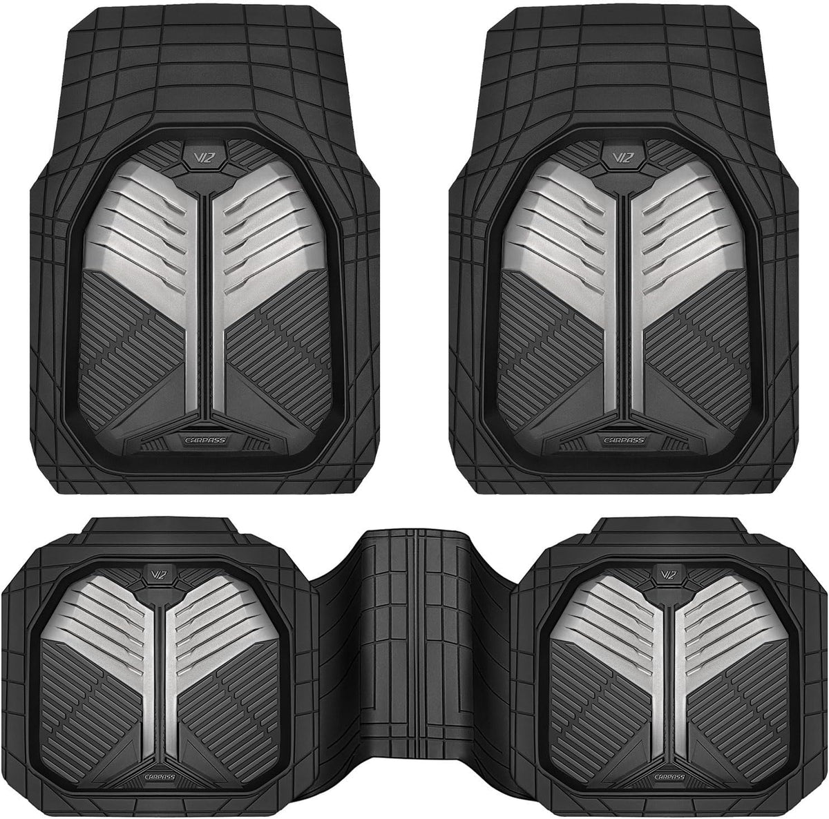 CAR PASS Heavy Duty Rubber Car Mats with Cargo Liner, Deep-Dish Car Floor Mats and Trunk Mat All Weather, Universal Trim-to-Fit for SUVs Trucks Sedans, Waterproof Anti-Slip, Trimmable V12 Black