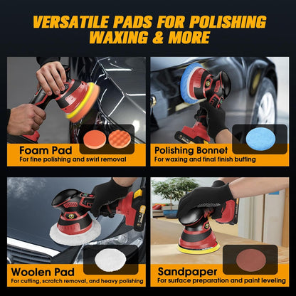 Cordless Car Buffer Polisher kit [2x 2000mAh 21V Batteries & 18 PCS Attachments] 6-Speed Orbital Design, LED Display, Lightweight Detailing Tool for Waxing, Polishing & Scratch Removal-Yellow