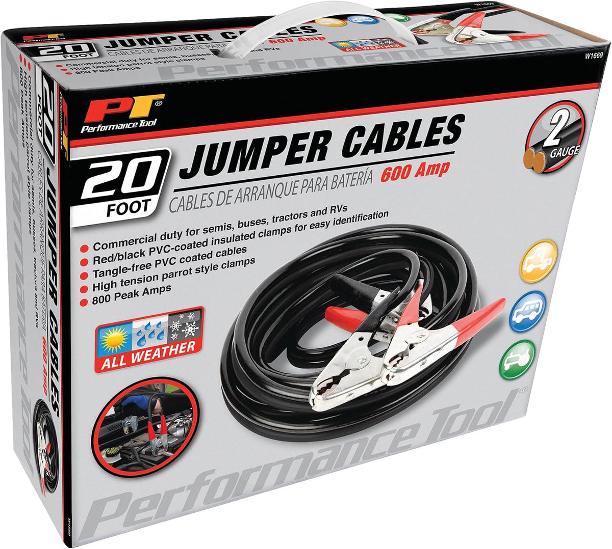 Performance Tool W1675 10ft 4GA Lighted Jumper Cables - Tangle-Free, Heavy Duty Clamps, Suitable for Trucks, SUVs, and Other Large Vehicles