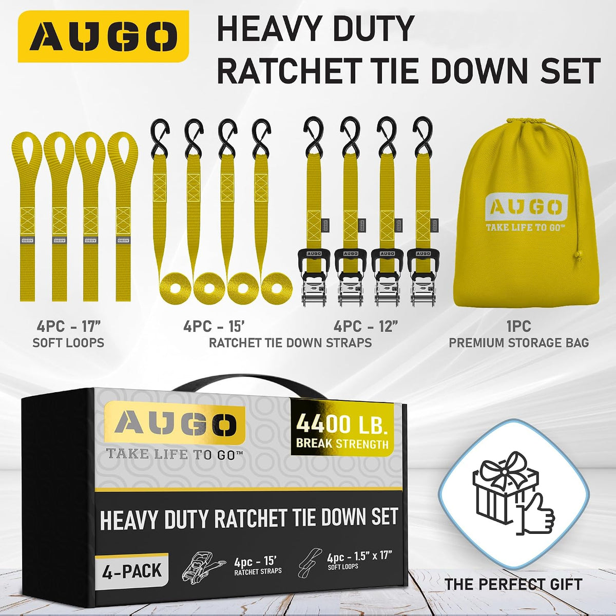 AUGO Ratchet Straps Heavy Duty 4 Pack -15 FT - 2200 LB Break Strength – with Safety Lock S Hooks - Cargo Straps for Moving, Appliances, Motorcycle – Soft Loop Tie Down Straps