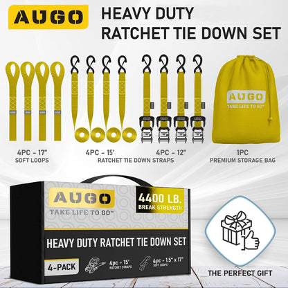AUGO Ratchet Straps Heavy Duty 4 Pack -15 FT - 2200 LB Break Strength – with Safety Lock S Hooks - Cargo Straps for Moving, Appliances, Motorcycle – Soft Loop Tie Down Straps