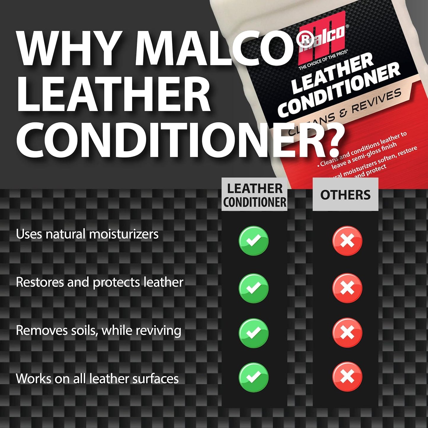 Malco Leather Conditioner for Cars - Cleans and Conditions Automotive Seats & Surfaces/Natural Moisturizers Soften, Restore and Protect Leather Interiors / 32 Oz (109932)