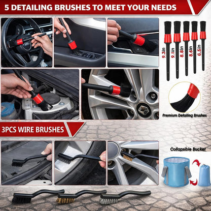 56Pcs Car Wash Cleaning Kit with Foam Gun, Car Wash Brush with Long Handle, Car Detailing Kit, Car Wheel Brush for Car Cleaning Supplies, Adjustable Hose Wash Sprayer-Quick Connector to Any Hose