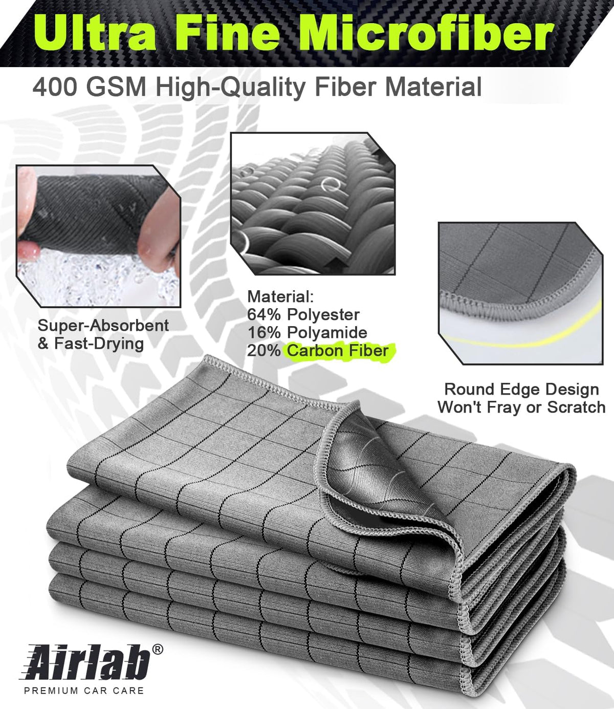 Airlab Microfiber Towels for Cars Wash Drying Thick Plush Cleaning Cloth Auto Detailing Super Absorbent for Interior & Exterior Lint Free, Streak Free, 16" X 16", 800 GSM, Pack of 4