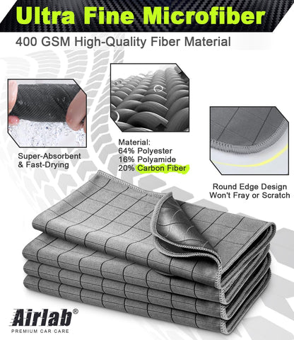 Airlab Microfiber Towels for Cars Wash Drying Thick Plush Cleaning Cloth Auto Detailing Super Absorbent for Interior & Exterior Lint Free, Streak Free, 16" X 16", 800 GSM, Pack of 4