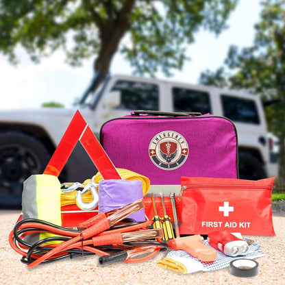 Roadside Car Emergency Kit - First Aid Set, Jumper Cables, Tow Strap, LED Flash Light, Rain Coat, Tire Pressure Gauge, Safety Vest and More (Black)