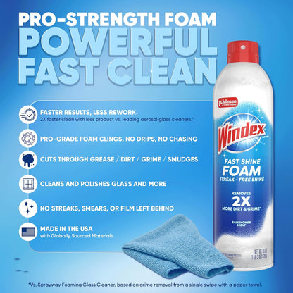 Windex Fast Shine Foam Glass Cleaner, No-Drip Windows, Doors, Mirrors & Countertops Aerosol Cleaning Spray, Streak-Free Shine, Removes Fingerprints, Dust, Dirt, Grime & More 19 oz (Pack of 1)