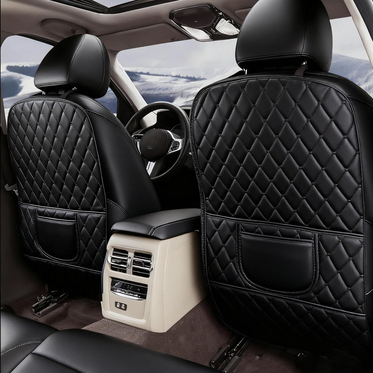 Leatherette Car Seat Protector - 2 Pack Large Car Kick Mats with Storage Pockets Organizer Seat Back Cover Against Dirty Shoes & Scratches, Universal Fit for Most Vehicles (Black)