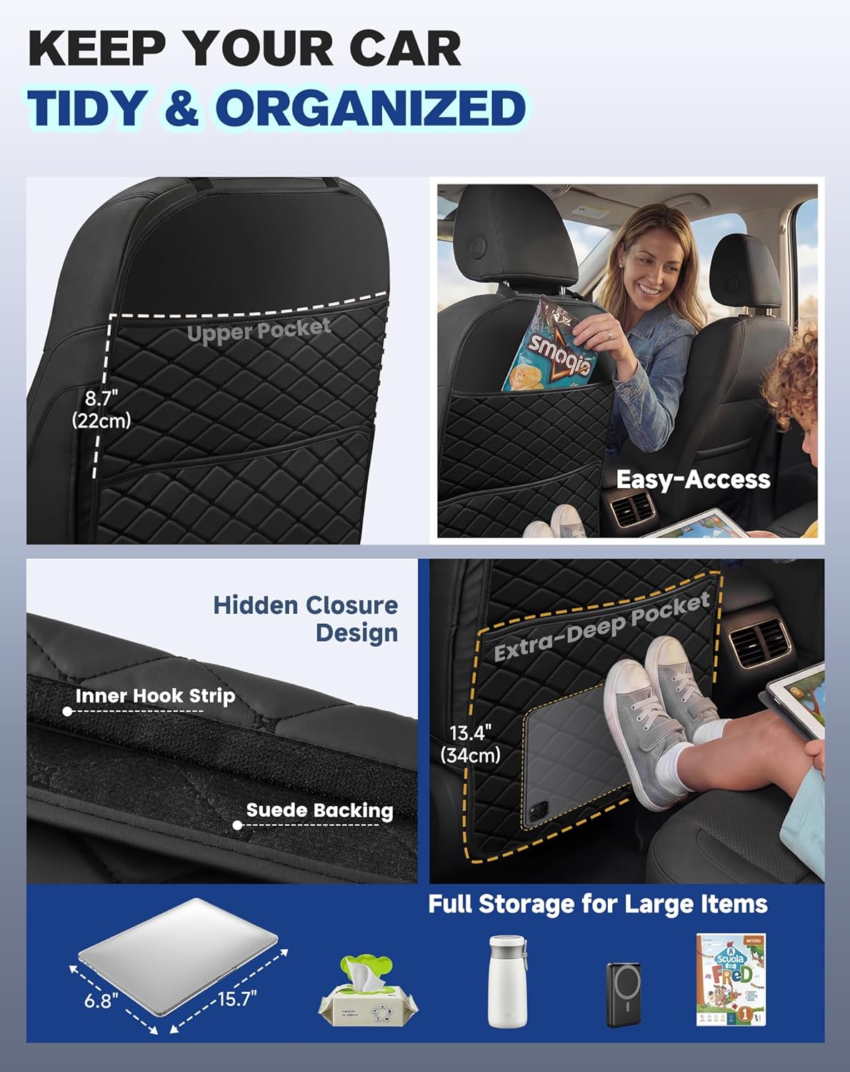 Seat Back Protectors for Kids, Car Kick Mats for Back of Front Seats with Large Pocket Organizer, Waterproof, Protects Against Dirt, Scuffs & Scratches, Fits Most Vehicles, 2PCS (Black)