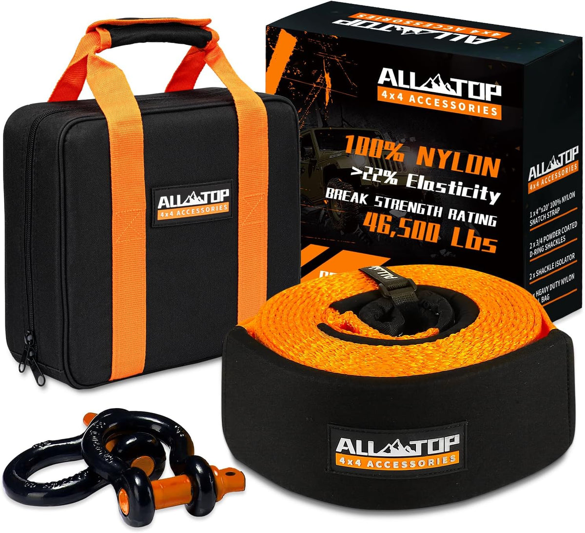 ALL-TOP Heavy Duty Tow Strap Recovery Kit: 3 inch x 20ft (35,000lbs) 100% Nylon and 22% Elongation Snatch Strap + 3/4 Heavy Duty D Ring Shackles (2pcs) + Storage Bag