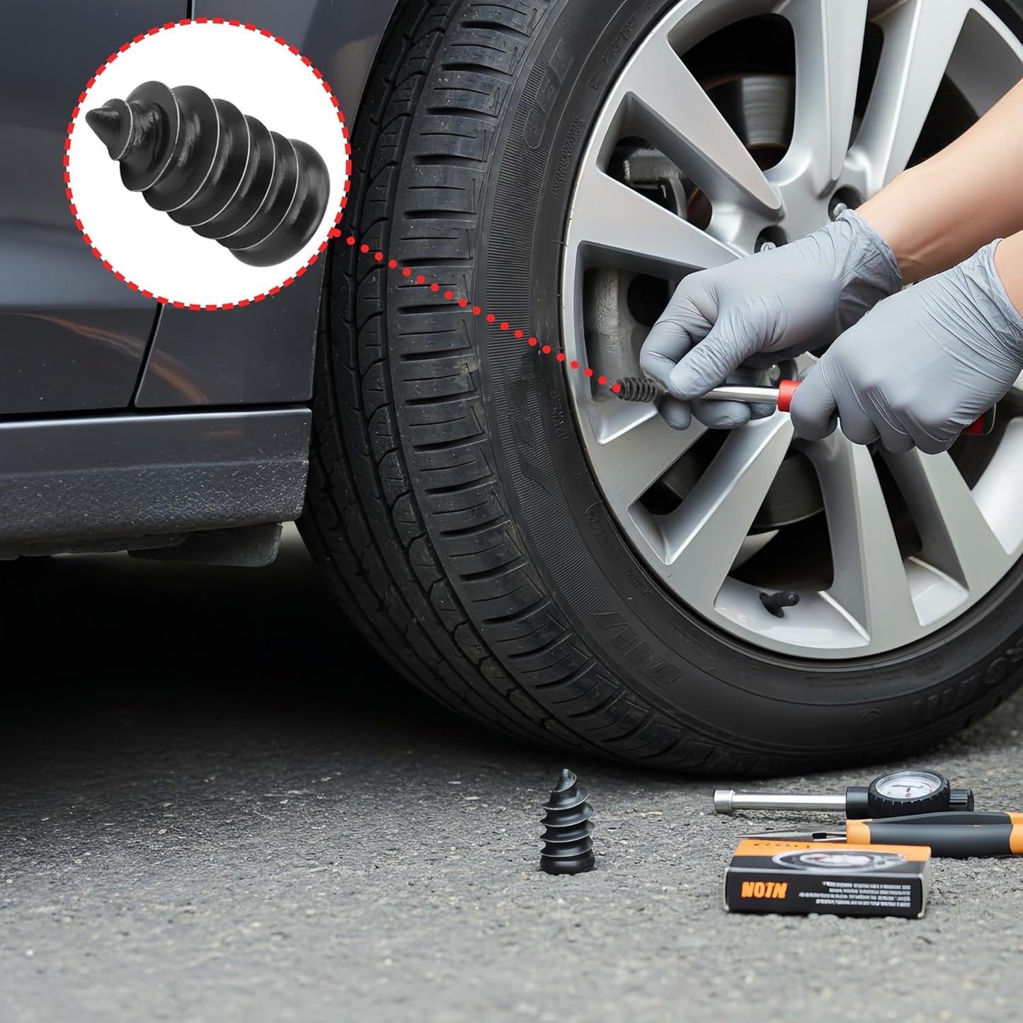 60 PCS Tire Repair Rubber Nail, Vacuum Tire Repair Kits Spiral Rubber Screws, Fast Self-Service Tool for Car, Truck, Motorcycle, Tractor Tire Puncture Repair (Black)