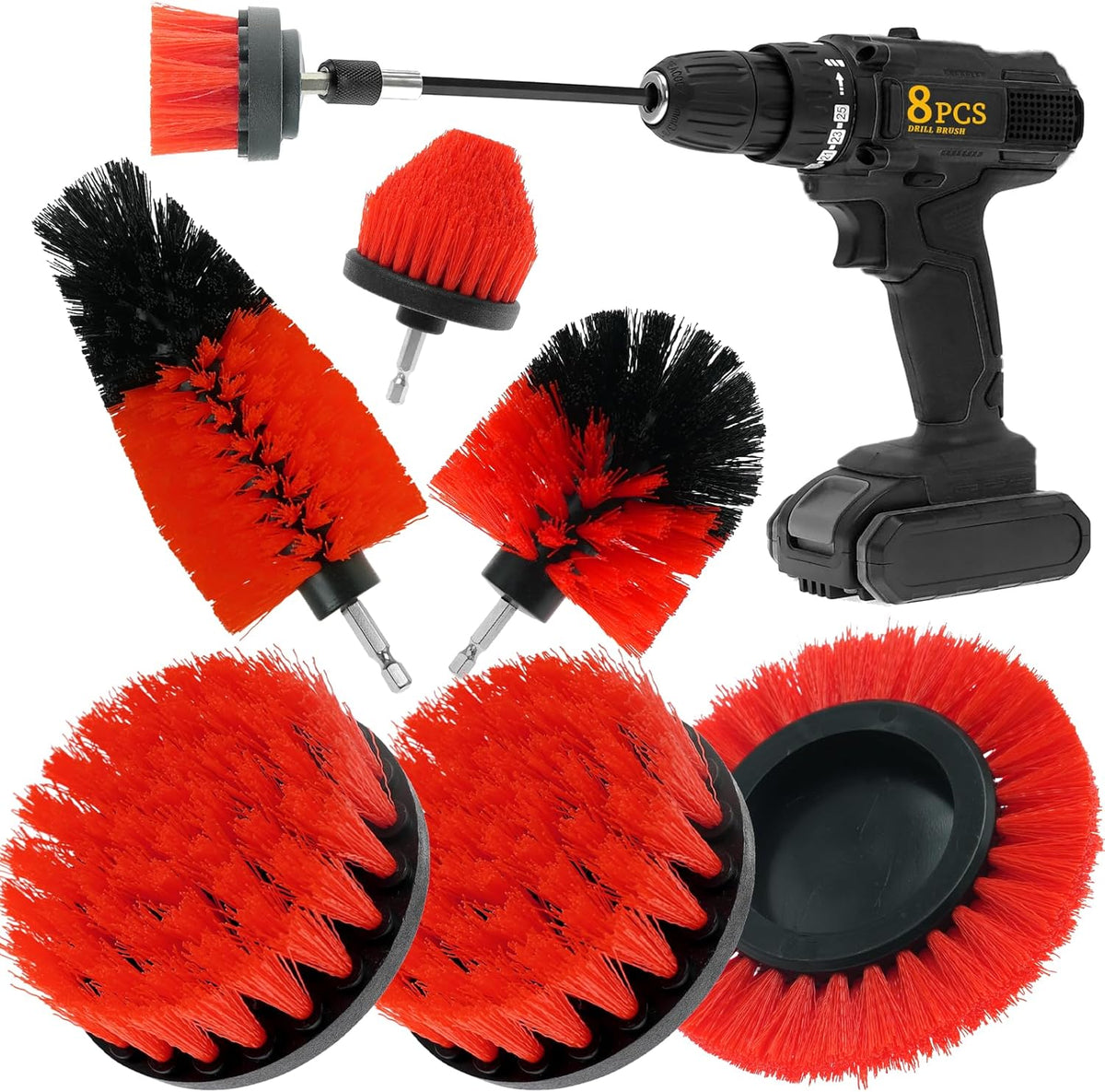8 Pcs Drill Brush Attachment Set, Power Cleaning Scrub Brush Kit with Extend Long Attachment, All Purpose Drill Scrub Brushes for Car, Grout, Floor, Tub, Bathroom and Kitchen (Yellow)