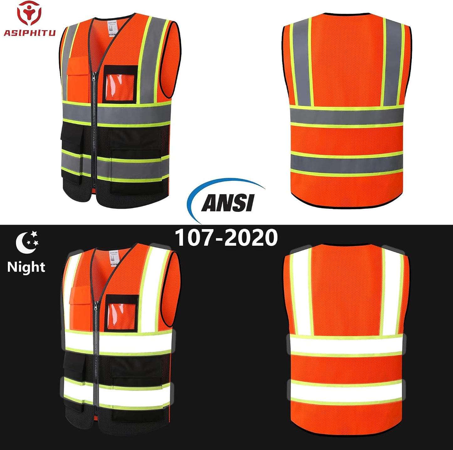 Reflective High Visibility Safety Vest for Men Women with Pockets Zipper Front Meets ANSI/ISEA Standards
