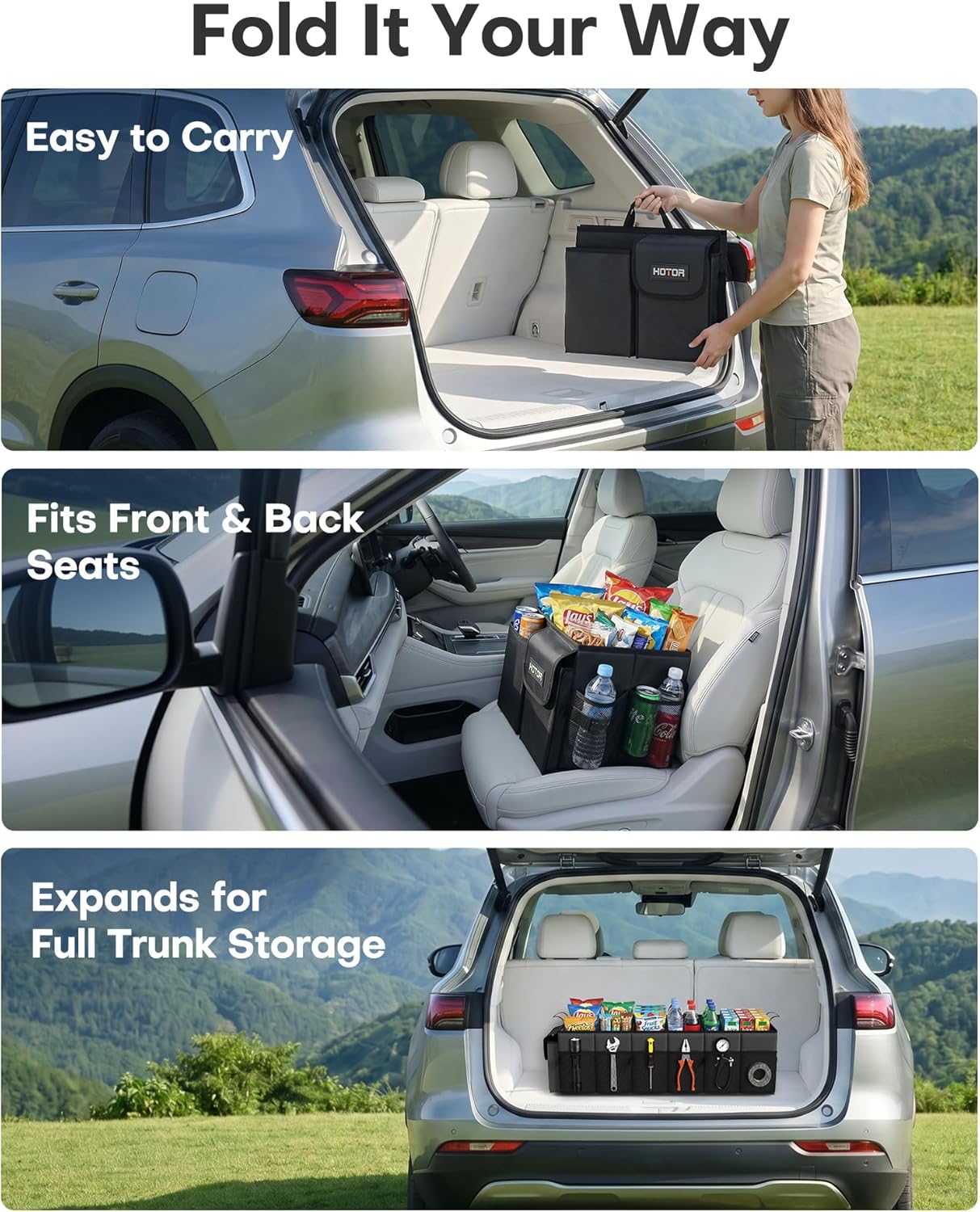 HOTOR Trunk Organizer, Sturdy Foldable with Cooler for Car & SUV, 3 Compartments, Black, 30.90”×12.60”×10.63”